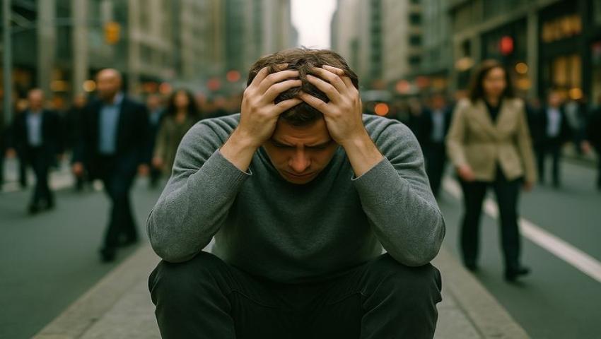 Man experiencing panic attack in a crowded street showing anxiety symptoms and loss of control.